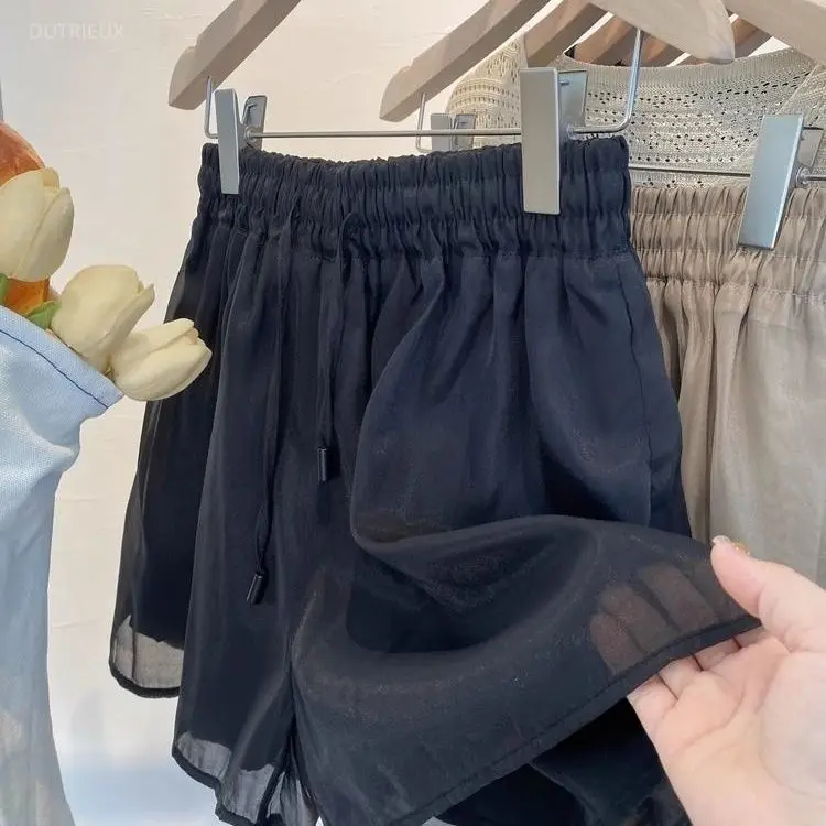 Korean Shorts Women 2026 New Bottoms Elastic Waist Loose Gauze Fashion Sweet Summer Wide Leg Pants Pantalones Cortos De Mujer