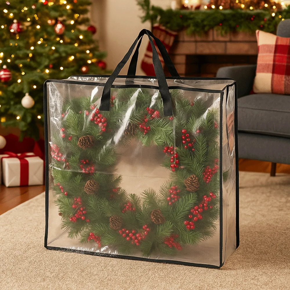 

Large Capacity Christmas Wreath Storage Bag Waterproof Dustproof Ornament Storage Bag Reusable with Handle and Zipper