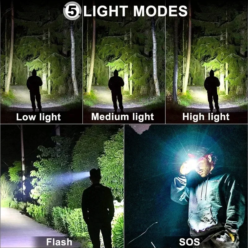 Rechargeable  Headlamp 100000 Lumen,Super Bright Head Lamp Flashtpye with 5 ing Modes,IPX6 Waterproof (2 Pack)