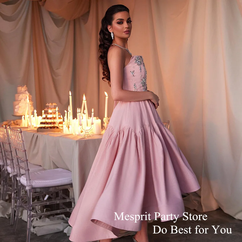 Luxury Beads Evening Dress Strapless Sleeveless Rhinestones A Line Tea Length Pink Satin Cocktail Party Gown Prom Dresses