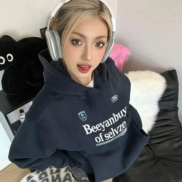 Retro Pattern Sweatshirt Women American Loose Round Neck Solid Color Sports Pullover Harajuku Autumn Winter Top