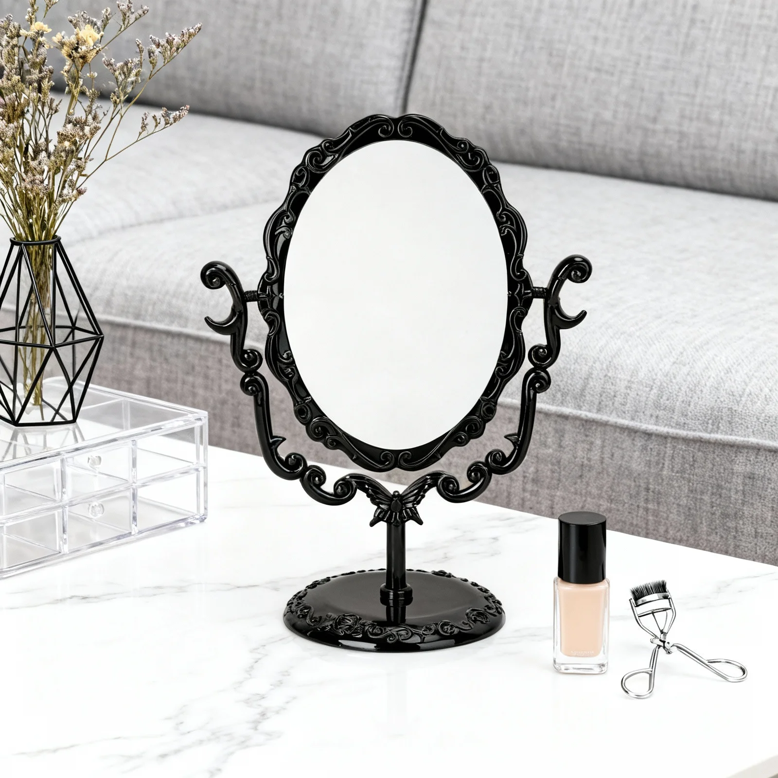 

Rotatable Gothic Vintage Makeup Mirror Black Desktop One Side Rose Degree Adjustable Mirror for Elegant