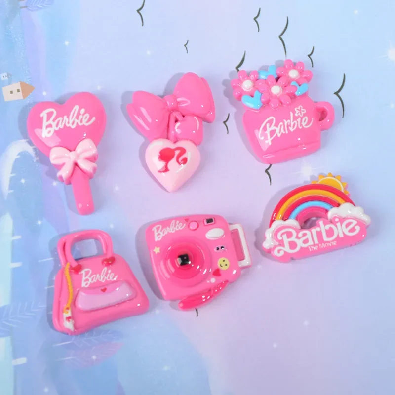 5pcs Diy resin accessories wholesale mobile phone pendant keychain hairpin pencil case pink Barbie series rainbow resin flatback