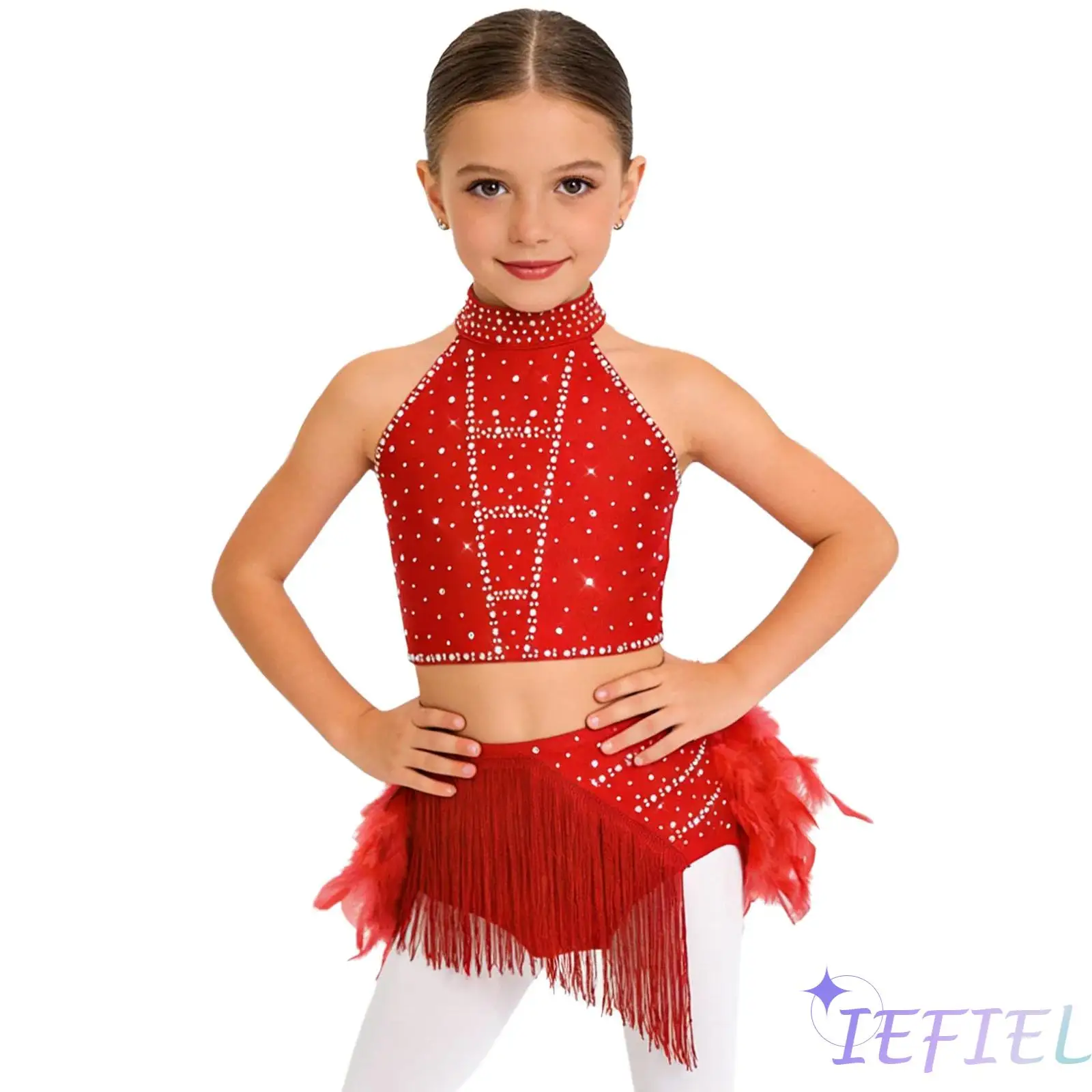 

Kids Girls Latin Dance Outfit Halter Sleeveless Strappy Back Crop Top with Tassels Feather Skirt for Samba Rumba Cha-Cha Dance