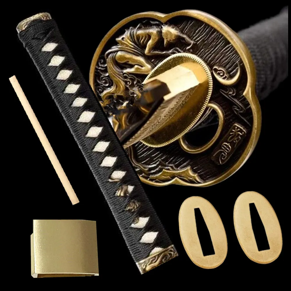 

A Set Brass Fittings 26cm Black Ito Handle Tsuka Tsuba/Fuchi/Kashira/Habaki/Menuki/Seppa For Japanese Sword Katana Wakizashi Tan