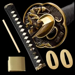 A Set Brass Fittings 26cm Black Ito Handle Tsuka Tsuba/Fuchi/Kashira/Habaki/Menuki/Seppa For Japanese Sword Katana Wakizashi Tan