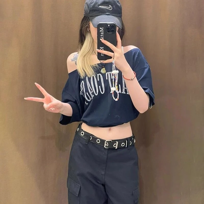 Off-shoulder T-shirt voor dames Koreaanse stijl Dames blauwgroen grafisch T-shirt Extra lang shirt Zoete wasbare aanscherping Strandbovenkleding