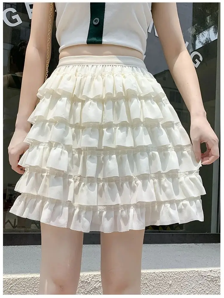 

Slim Women Mini A Line Skirts Girl Fashion Black White Summer Ball Gown Elastic Waist Pleated Chiffon Short Skirt