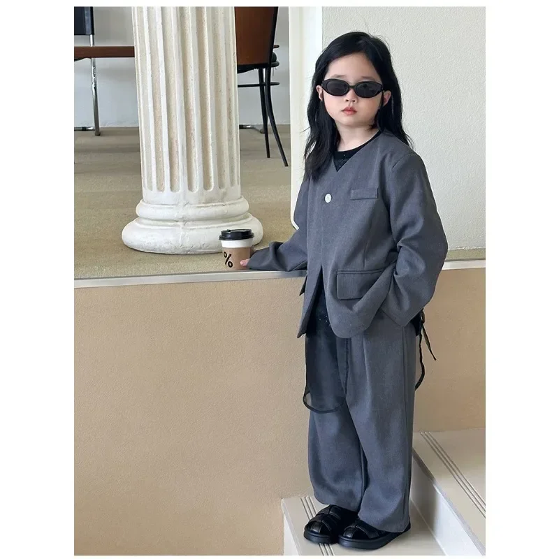 Suit for Girls Fashion Gray Casual Blazers Trousers 2-piece Kids Clothing School Children Dance Performance Costume Boys Outfits