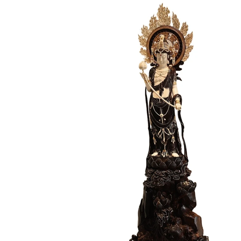 Lotus Guanyin Buddha statue mahogany wood carving ornament handicrafts cultural and play collection gift
