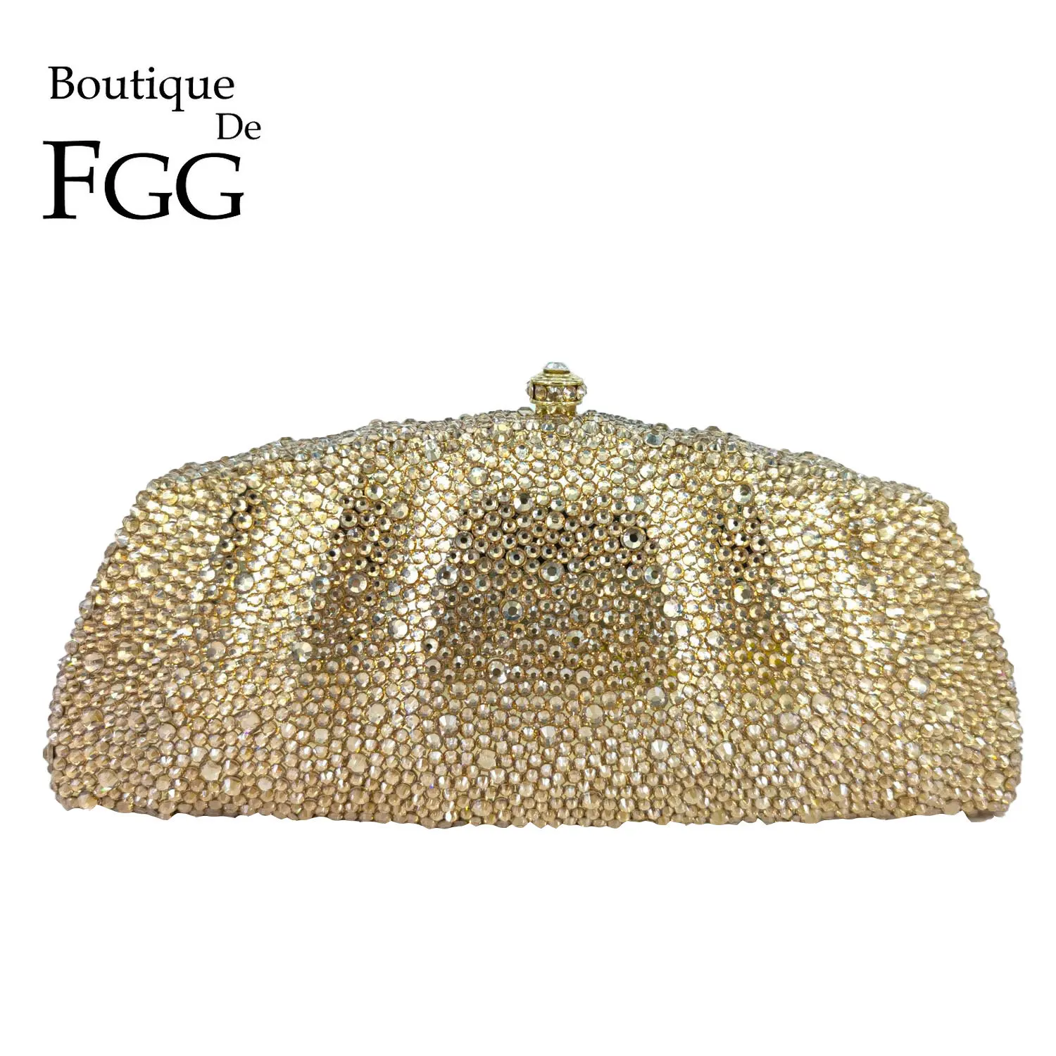Eleganckie damskie kopertówki Boutique De FGG z kryształami w kolorze złotym, formalne torebki wieczorowe na przyjęcia, ślubne kopertówki z dżetami.
