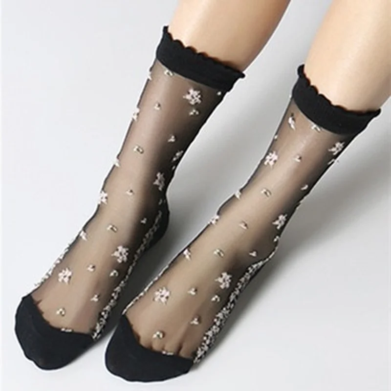 Ultra-thin Transparent Crystal Silk Socks Women Summer Glass Silk Socks Retro Harajuku Floral Embroidery Cotton Bottom Crew Sock
