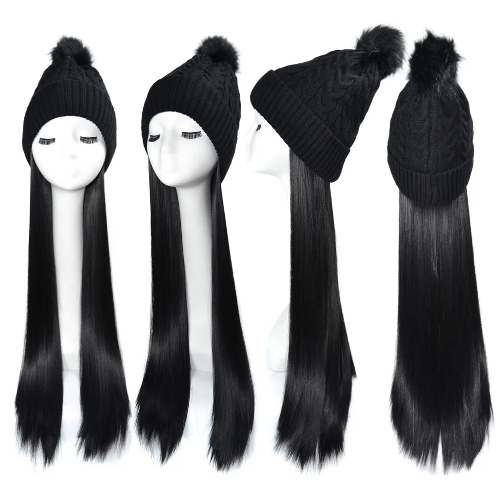 

Knitted Beanie Hat for For WIG with Long Straight Hair Natural Style Winter Cap Synthetic Fiber Heat Resistant