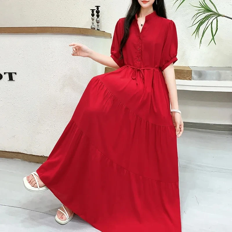 Purple Cotton Silk Dress Loose Cover the Belly Slim and Long Big Display Solid Color Tie Waist Cinching Temperament Long Skirt