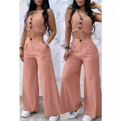 Sleeveless Two Piece Sets Womens Outifits Casual Solid Short Vest Draped High Waisted Wide Leg Pants Suit for Female Summer