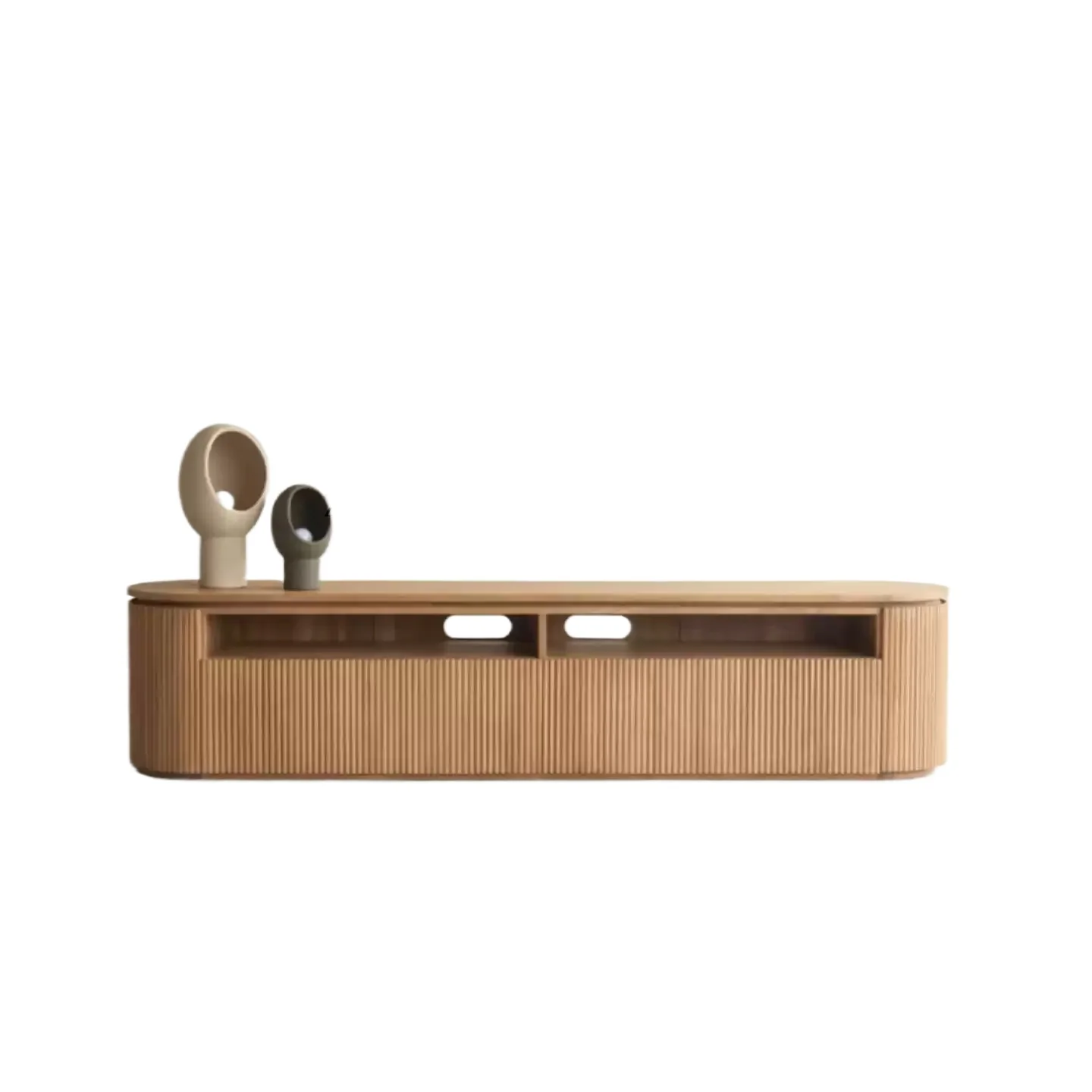 Natural oak grooved craftsman-style TV cabinet, modern minimalist living room apartment media cabinet