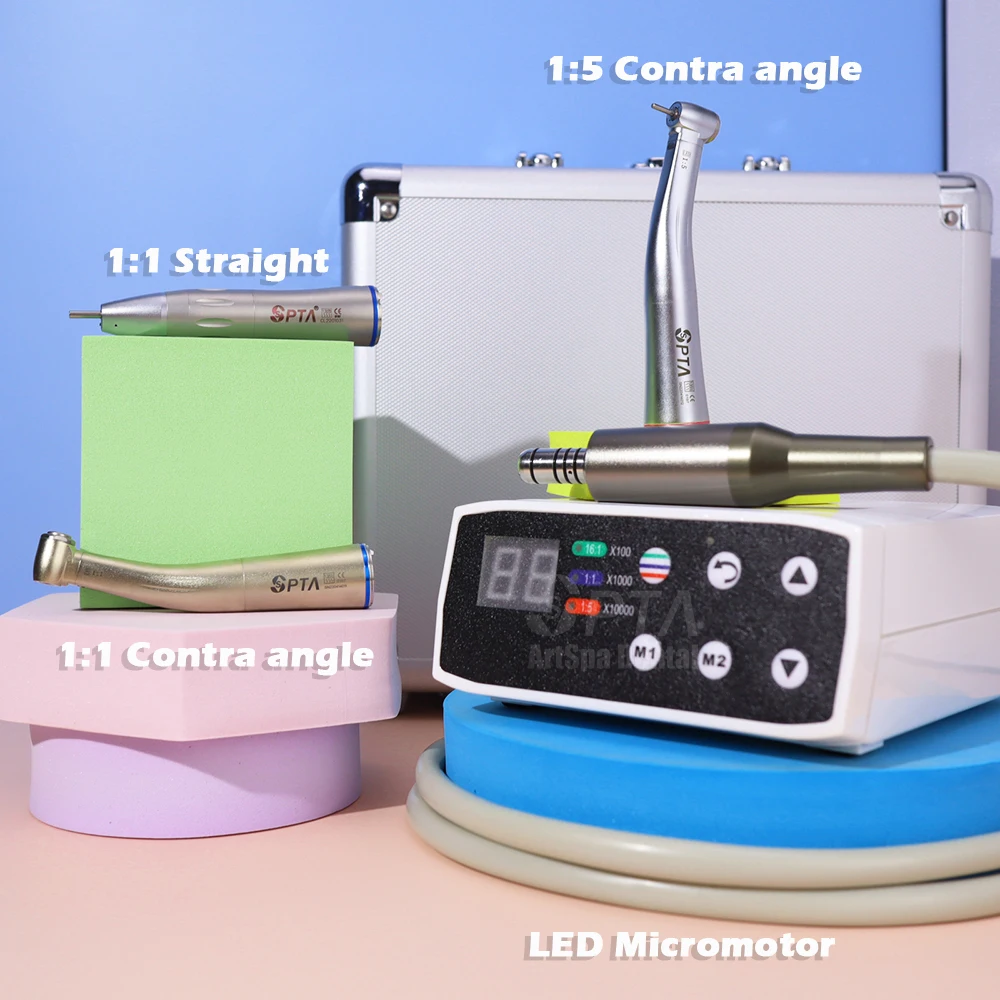 

SPTA Dental LED Micromotor Metal Box Set Fiber Optical 1:1 And 1:5 Contra Angle Low Speed Handpiece Dentist Clinical Brushless