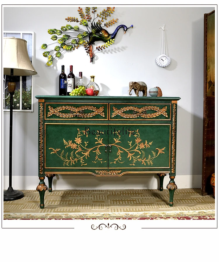 

American Hallway Shoe Cabinet Light Luxury Peacock Green Solid Wood Storage Organizer Side Cabinet