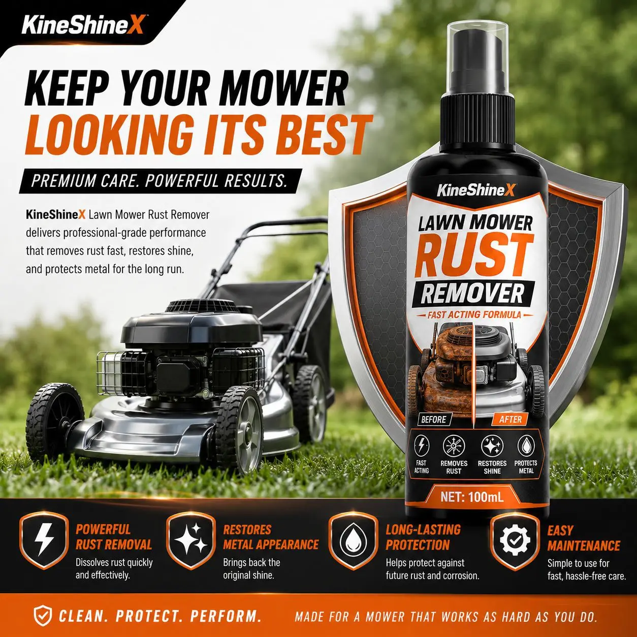 Lawn Mower Rust Remover – Fast-Acting Formula Dissolves Rust, Restores Shine & Protects Metal on Decks, Blades, Wheels & Bolts