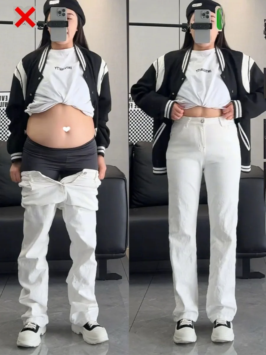 High Waist Flared Jeans Women plus Size Fce Lined Slim Fit Wide Leg Denim Pants Tummy Covering Straight Leg Jeans