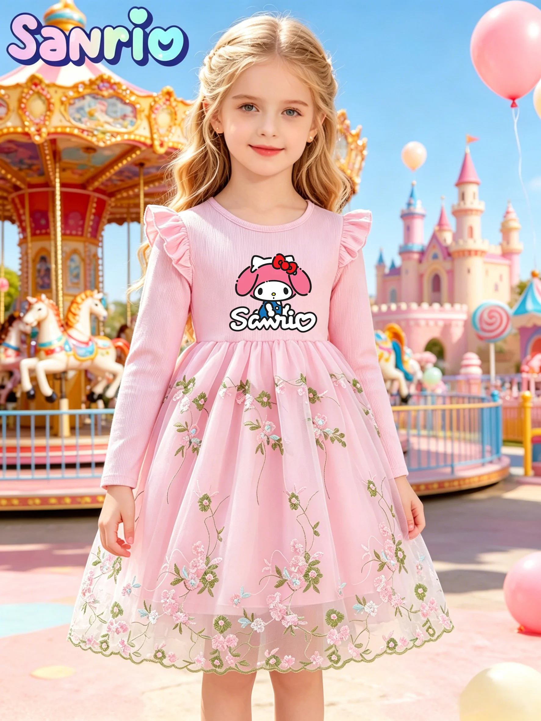 My Melody Kids Dress, Sanrio IP cartoon printed long-sleeve girls' dress with 3D floral tulle
