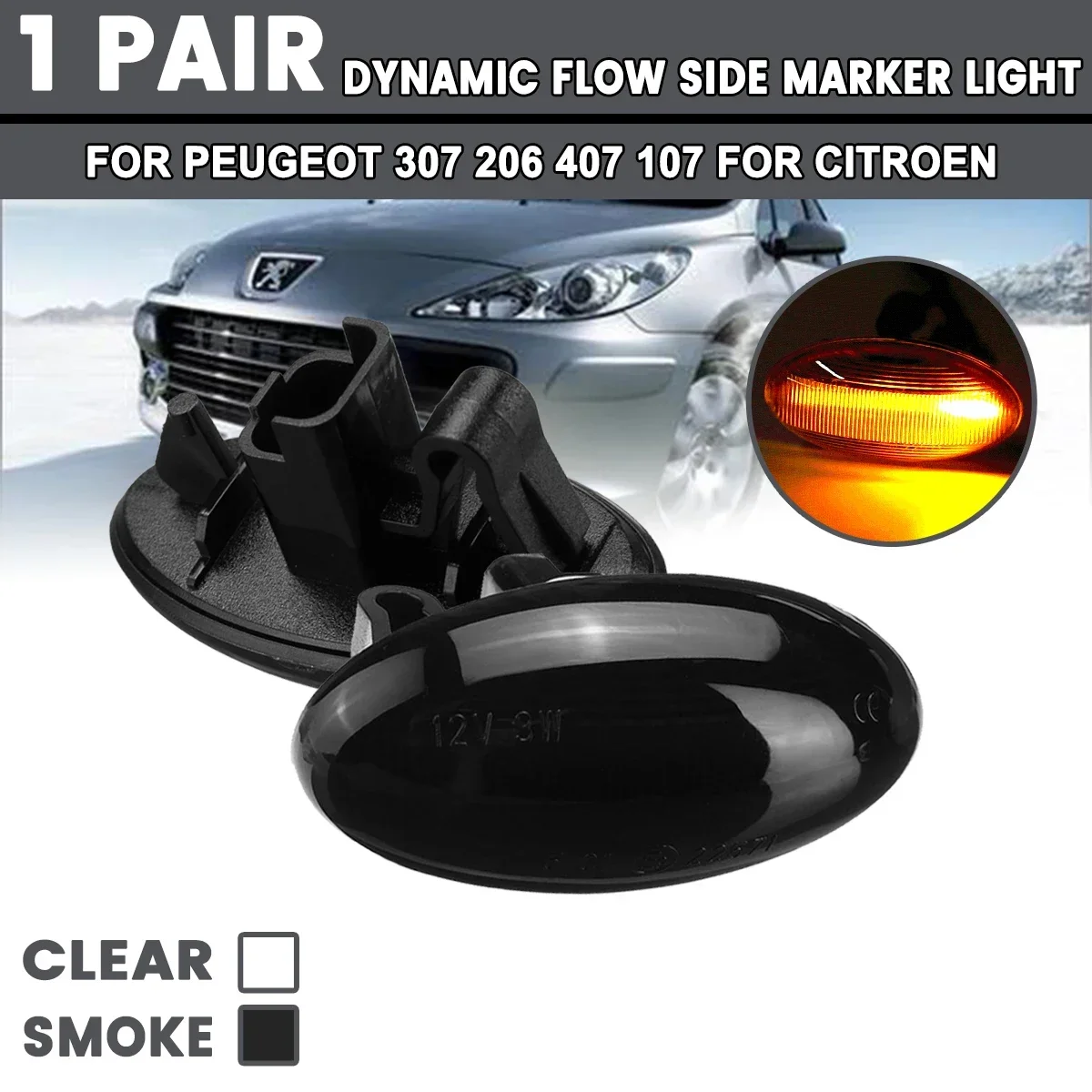 Dynamic Side Marker Light 2x 12V for Peugeot 307 206 407 107 for Citroen Flowing Led Turn Signal Panel Lamp Side Light Amber