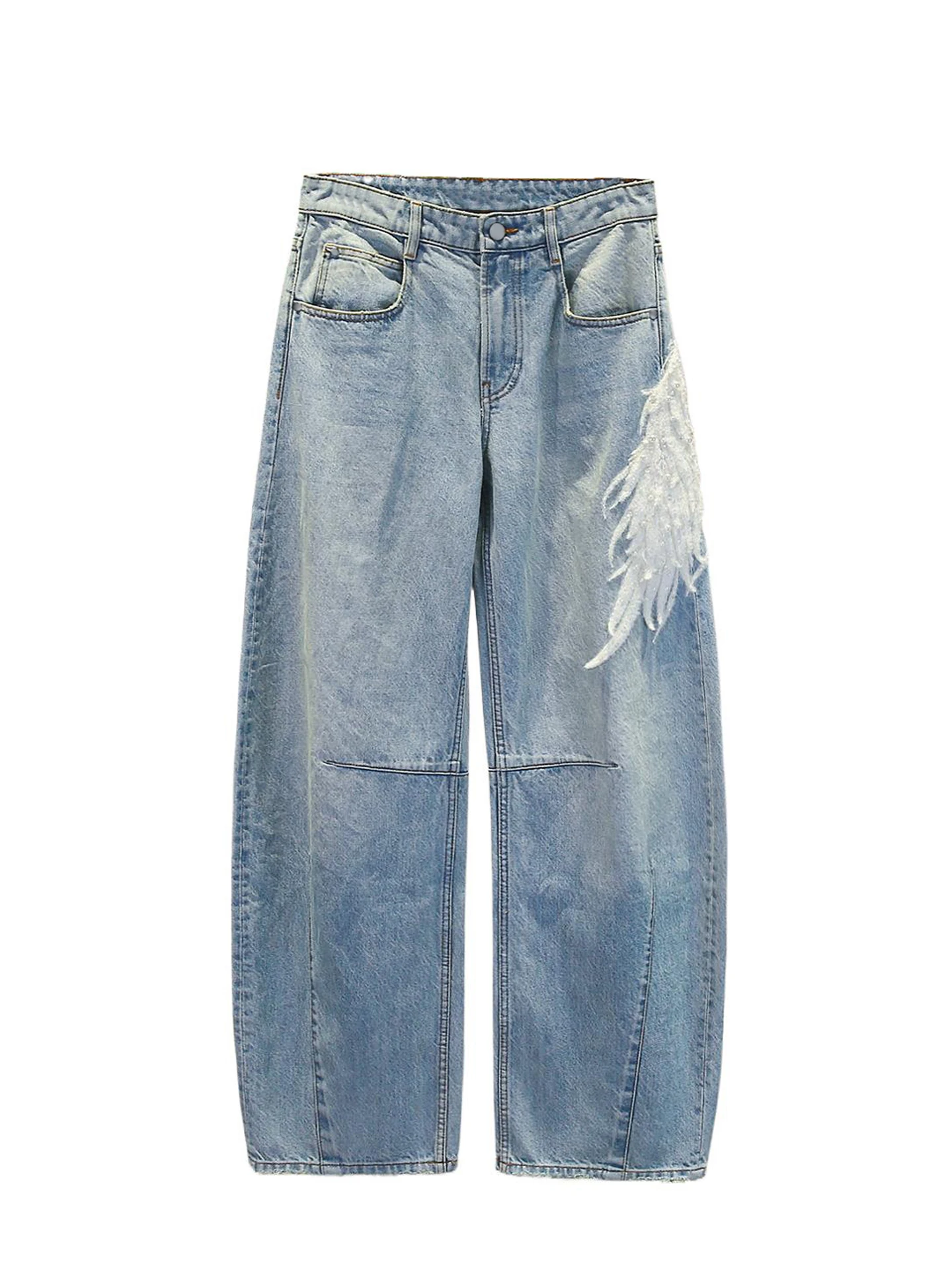 High-End Dames Denim Wijde Pijpen Broek Zware Versiering Taille Ontwerp Casual Sle Hoge Taille Rits Blauwe Kleur