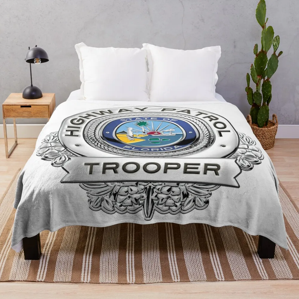 Florida Highway Patrol - FHP Trooper Badge over White Leather Throw Blanket Multi-Purpose Thermals For Travel Furry Blankets