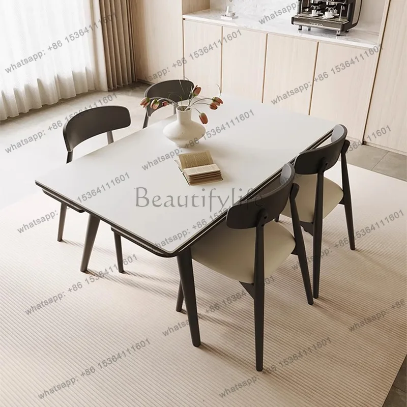 Solid wood rock slab dining table Modern simple retractable dining table and chair combination Variable square table Rectangle