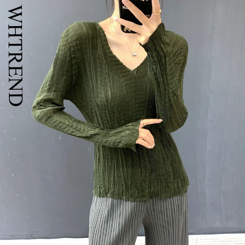 

WHTREND плиссированная футболка с длинным рукавом для женщин, весенне-осенняя новая высококачественная легкая роскошная рубашка ручной работы на тонкой основе WH2028