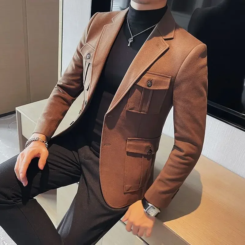 Tweed Male Blazer Coat Short Cropped Single Breasted Men\'s Suit Jackets Original Fashion 2024 Simple Clothing High Quality New