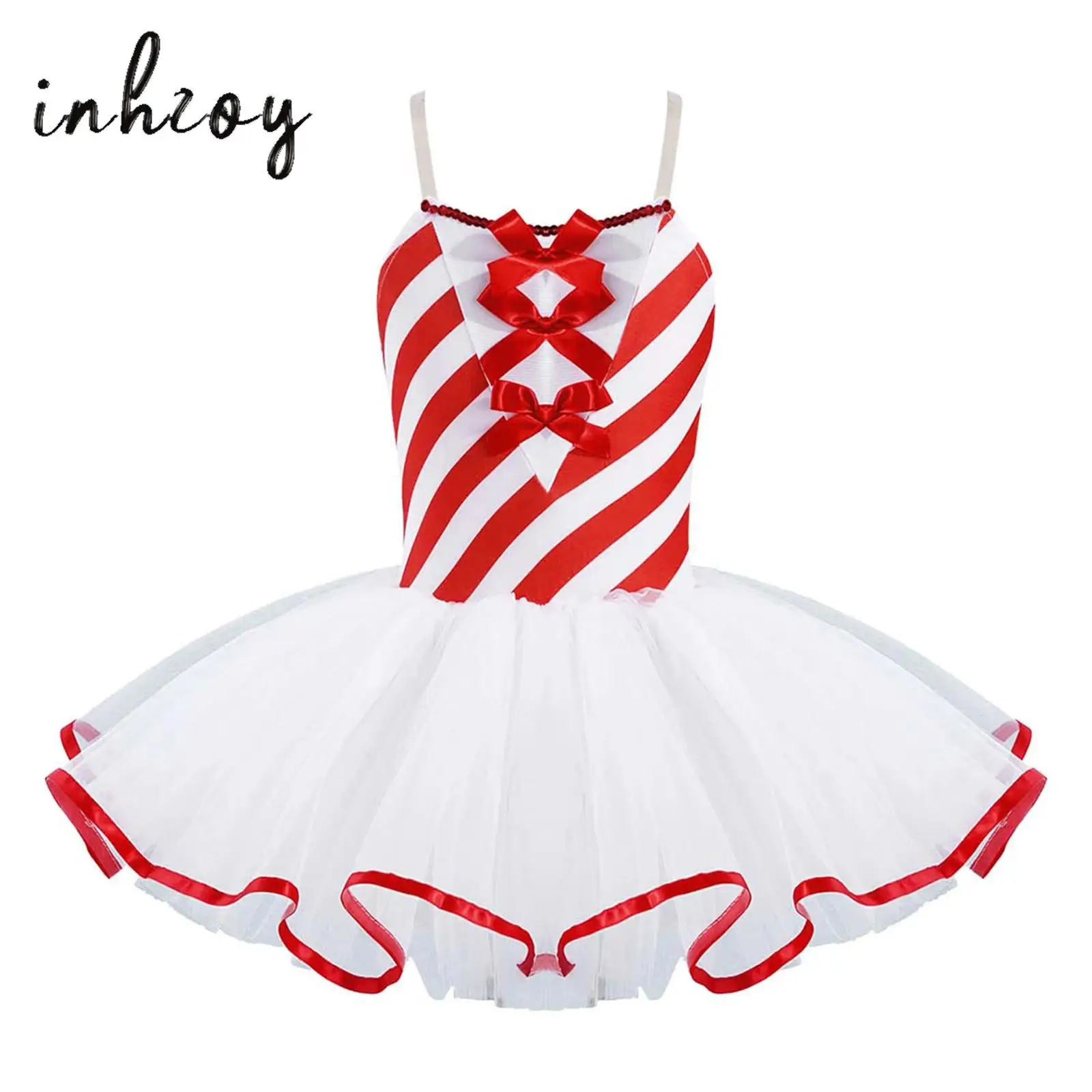 

Kids Girls Candy Cane Striped Sequins Mesh Tutu Ballet Leotard Dress Christmas Mrs Santa Claus Costume Figure Skating Dancewear