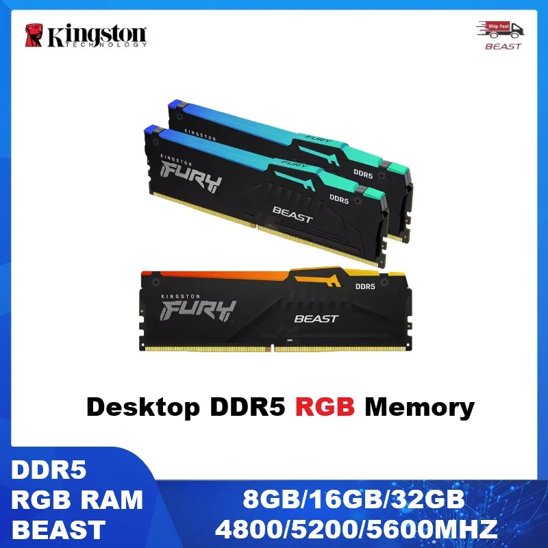 Memoria RAM Kingston FURY DDR5 RGB BEAST para computadora de escritorio, 8GB 16GB 32GB, memoria UDIMM para juegos, 5200MHZ 560MHZ, memoria RGB de alto rendimiento