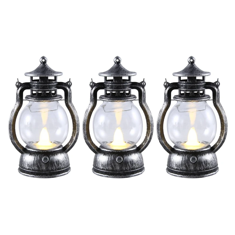 12 Pcs Mini Lantern Decorative Vintage Lantern With LED Candle Hanging Candle Lanterns Battery Silver