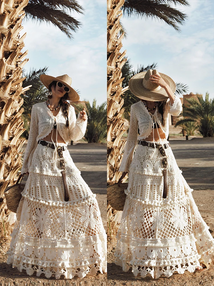 

Bohemian Holiday Style Knitted Hollow out Lace Hook Skirt Long Midi Skirt Original Design Cotton High Waist A-Line Skirt