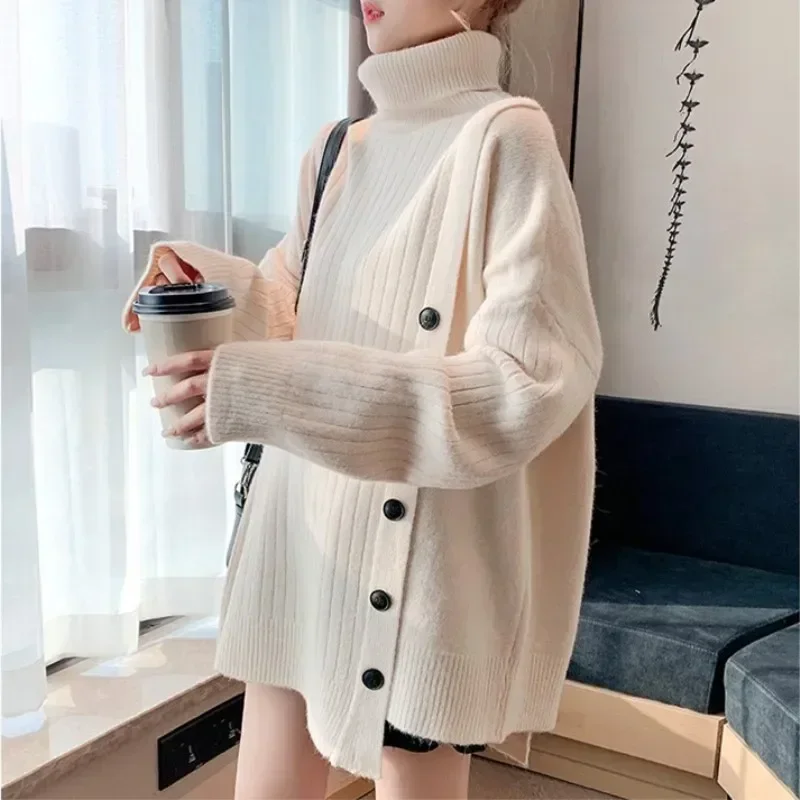 Women Long Turtleneck Crochet Kintted Sweater Striped Loose Y2k Top Pullovers Spring Autumn Winter Jumper Sueter Streetwear