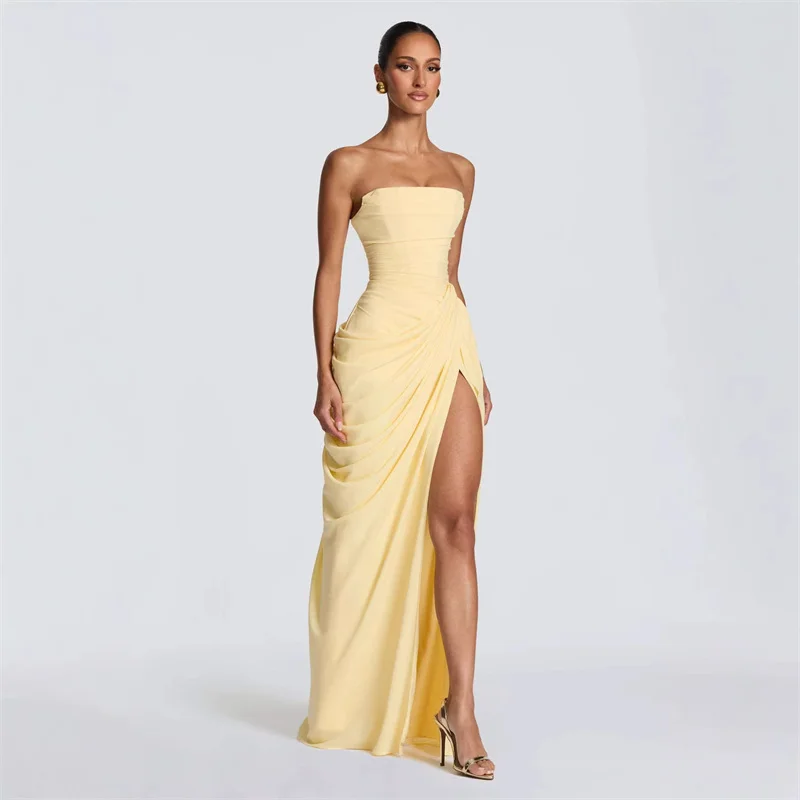 

Women Sexy Solid Pleated Strapless Dress Lady Chic Off-Shoulder Backless High Waist Split Dresses 2026 New Evening Party Gown