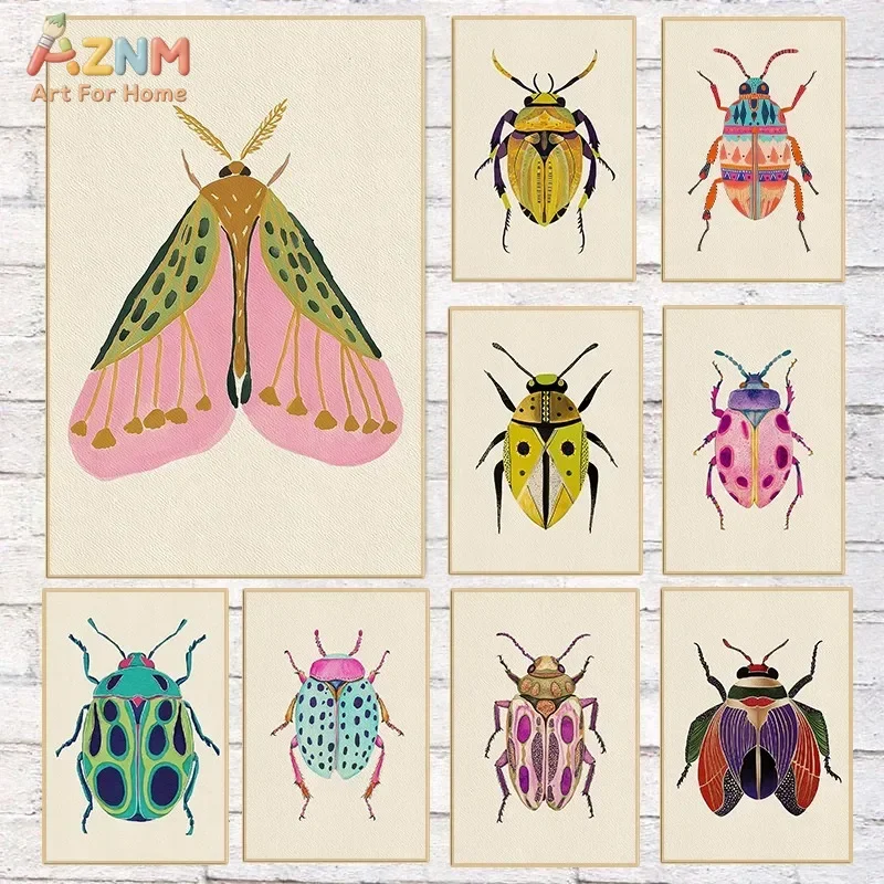 AZNM Colorful Boho Insect Canvas Wall Art Hand Drawn Beetle Moth Bug Illustration Print Unframed Canvas Painting Kids Room Aesth