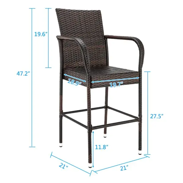 Rattan Bar Stool with Arms, Patio Bar Height Chair, Wicker Outdoor Furniture, 59x59x117.5cm, Set of 2, Customized