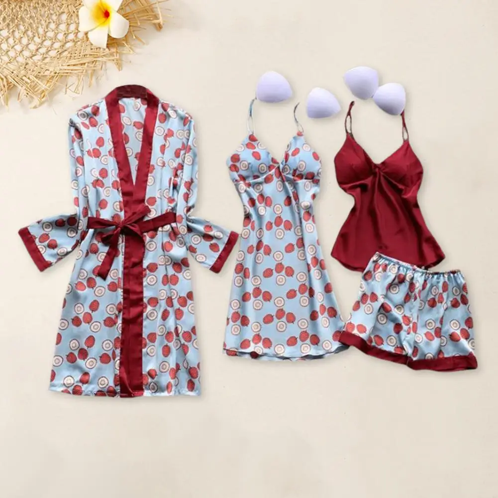 4 Pieces Woman Sleepwear Pajamas Ser With Robe Sexy Lace Lingerie Bathrobe Silk Satin Home Clothed Nightwear Robe