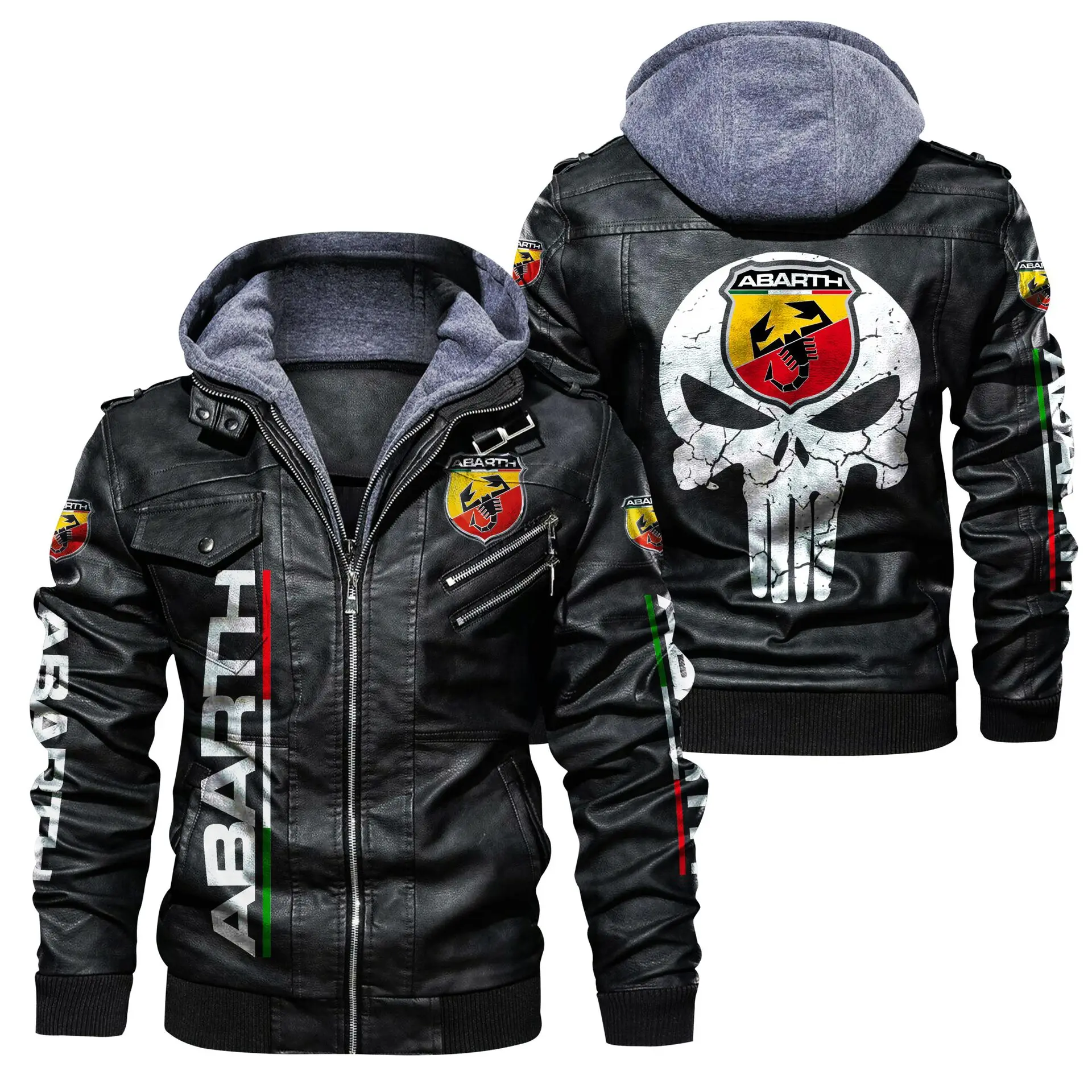 2023 neue Winter Euro Size Herren Pu Leder Abarth Logo Langarm Reiß verschluss Kapuzen jacke Fleece gefütterte Mode halten warmen Mantel