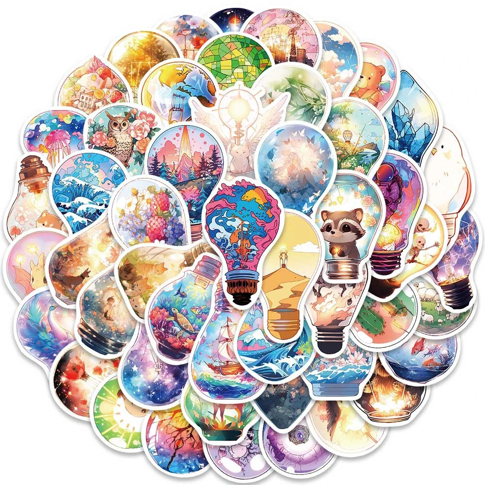 

10/30/50pcs Creative Light Bulbs World Stickers Colorful Aesthetic Decoration Decals Notebook Window Suitcase Cute Sticker Toys