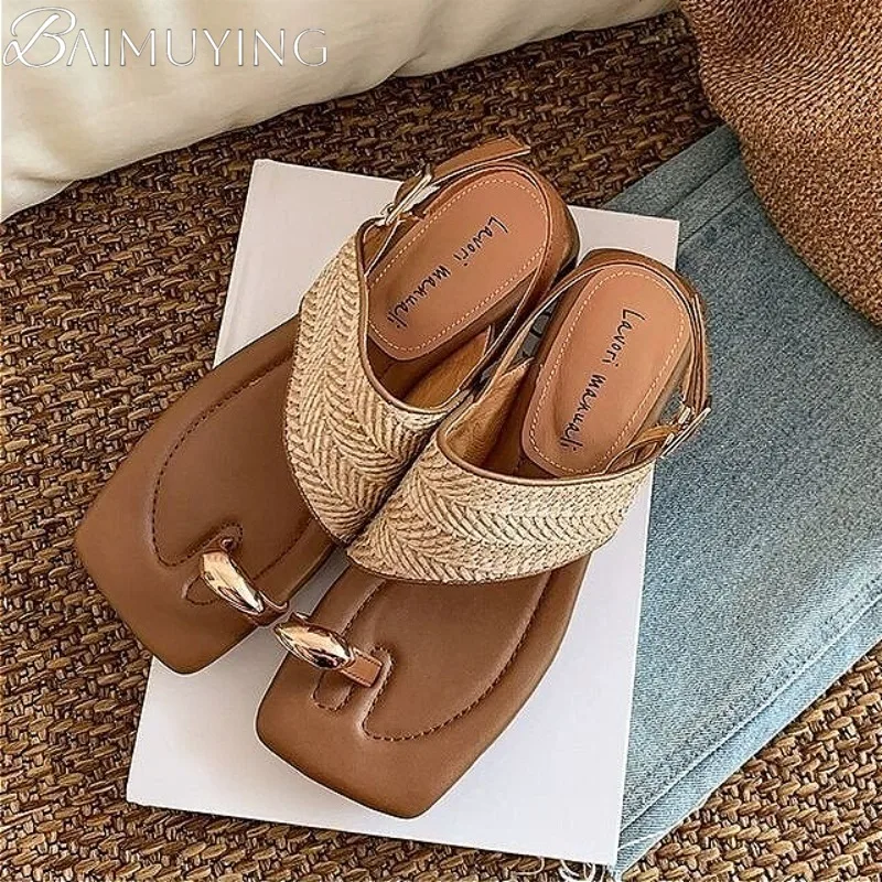 

Summer Weave Clip Toe High Heeled Sandals Women Square Toe Slippers Shoes 2025 Trend Slingback Chunky Dress Bohemian Beach Pumps