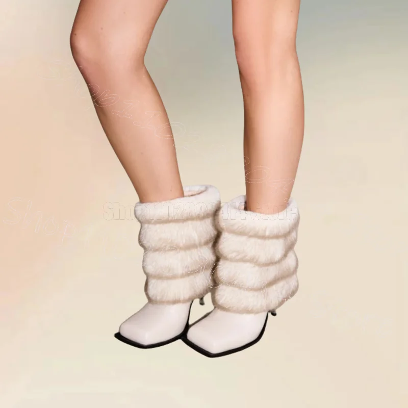 

Beige Stripe Fur Design Square Toe Boots Slip On Women Shoes Thin High Heels Fashion Party Feast Dating 2025 Zapatos Para Mujere