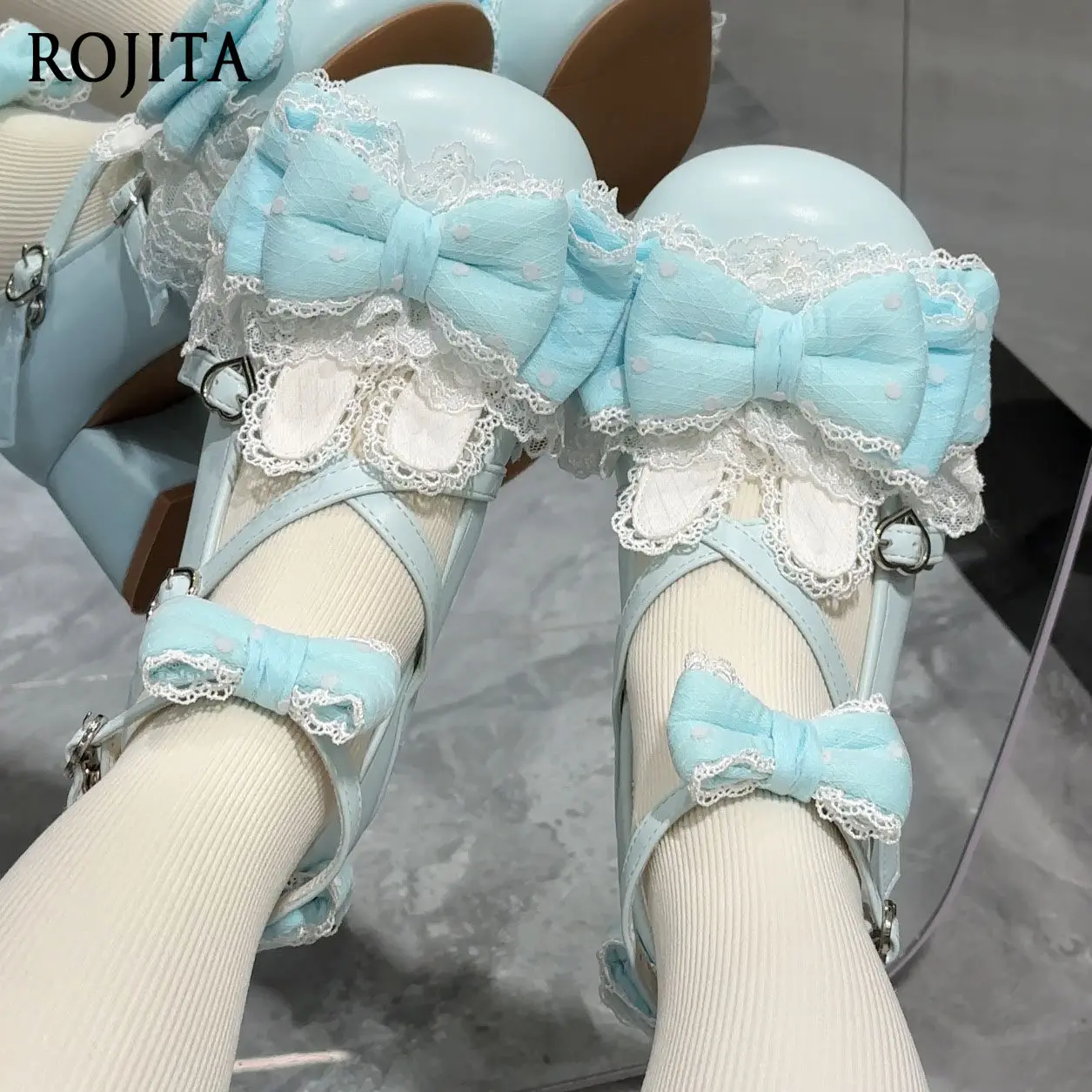 

Sweet Lolita Mary Jane Shoes with Bunny Ear Lolita Round Head Shoes Crisscross Straps Lace Polka Dot Bow Shoes