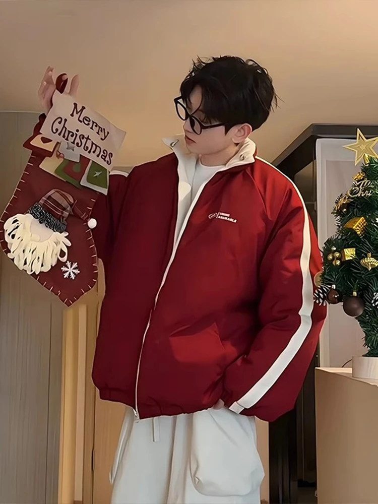 

Red And White Double-Sided Wearable Thiened Men's down Jaet Winter Cotton Coat for New Year Couple Matching Cotton Clothing