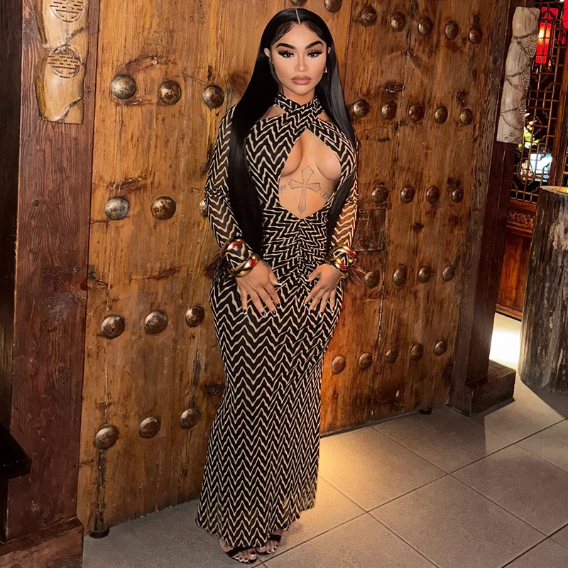 Vestido Maxi Bodycon com Estampa Listrada Sexy, Manga Longa, Recortes, Ajuste Slim, Elástico, para Festas e Clubes, Roupas Femininas