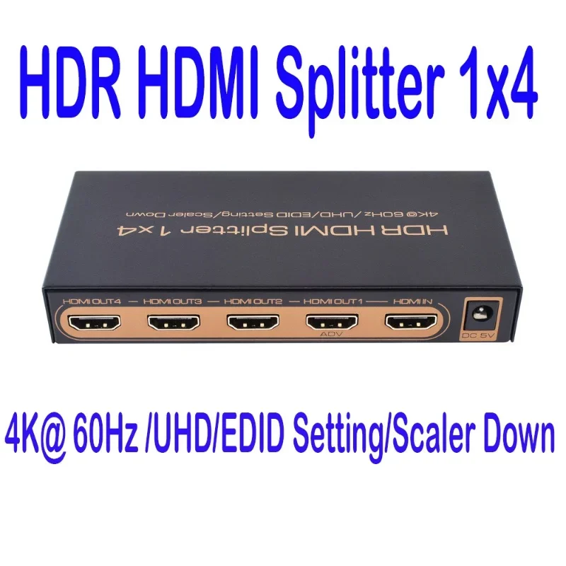 HDR HDMI Splitter 1x4 - 4-Port HDMI Distribution Adapter with 4K UHD Scaler Down