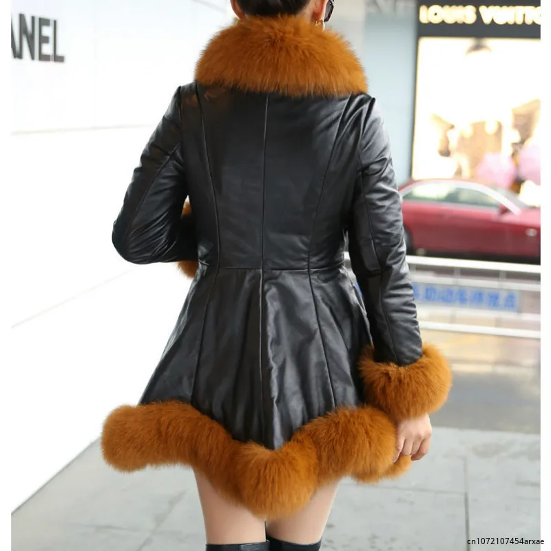 Thick Winter Long Coat Women's Leather Jacket Female Jaqueta De Couro Feminina Faux Fox Fur Collar PU Leather Jackets S-6XL