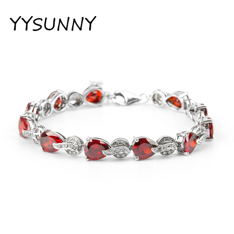 

YYSUNNY Romantic Sweet Water Drop Link Garnet 925 Silver Bracelet for Women Lucky Ladies Birthday Lover Gift